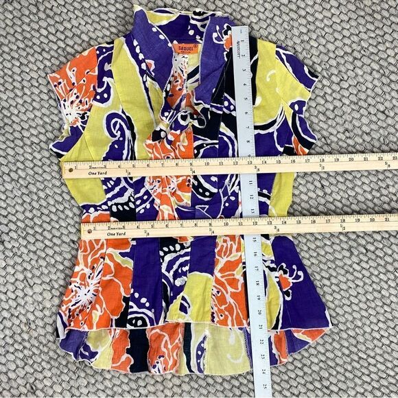 Sequel Abstract Paisley Tie Neck Panel Button Front Shirt Purple Multi 8 - Picture 11 of 12